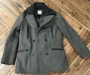 Little Eleven Paris Wool Blend Double Breasted Peacoat Sherpa Collar Grey Size 8